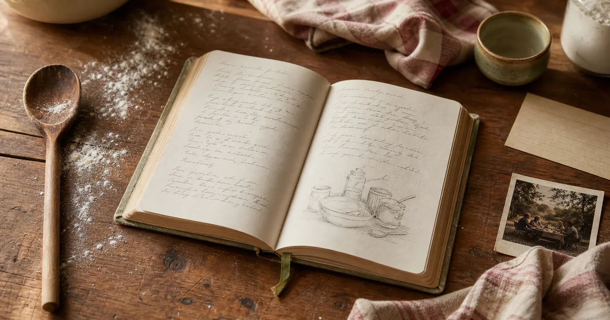 An open family recipe journal beside a wooden spoon, flour, and a photograph of relatives cooking together