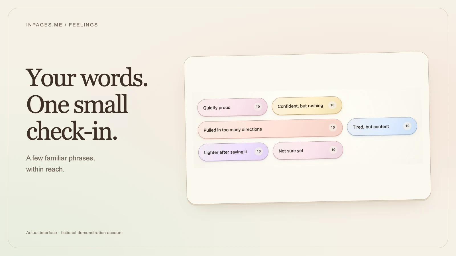 Actual Feelings buttons with fictional phrases, framed beside the words Your words. One small check-in.