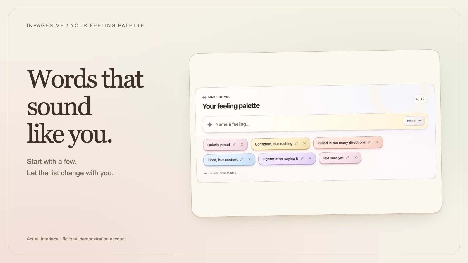 The actual editable feeling palette with six fictional phrases, beside the words Words that sound like you.