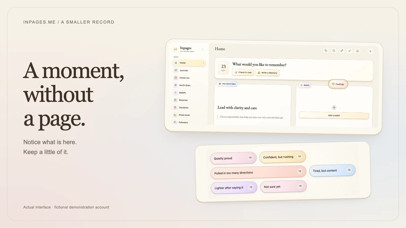 Actual Home and Feelings interfaces using fictional data, beside the words A moment, without a page.