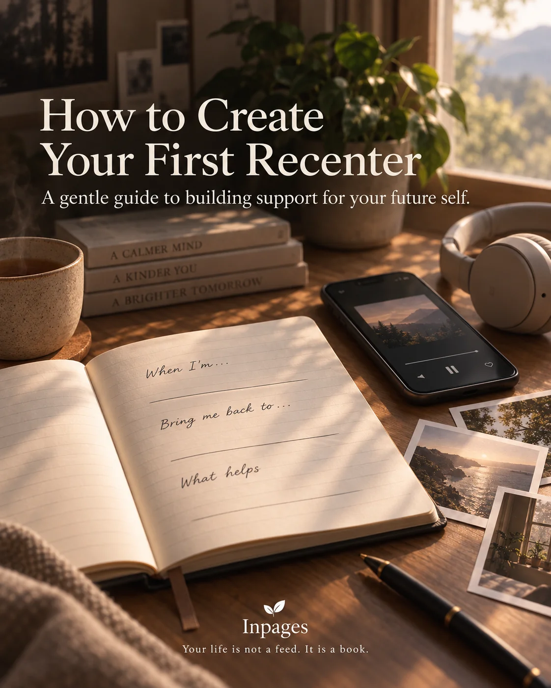 A journal prompt, headphones, and photos ready for a first Recenter
