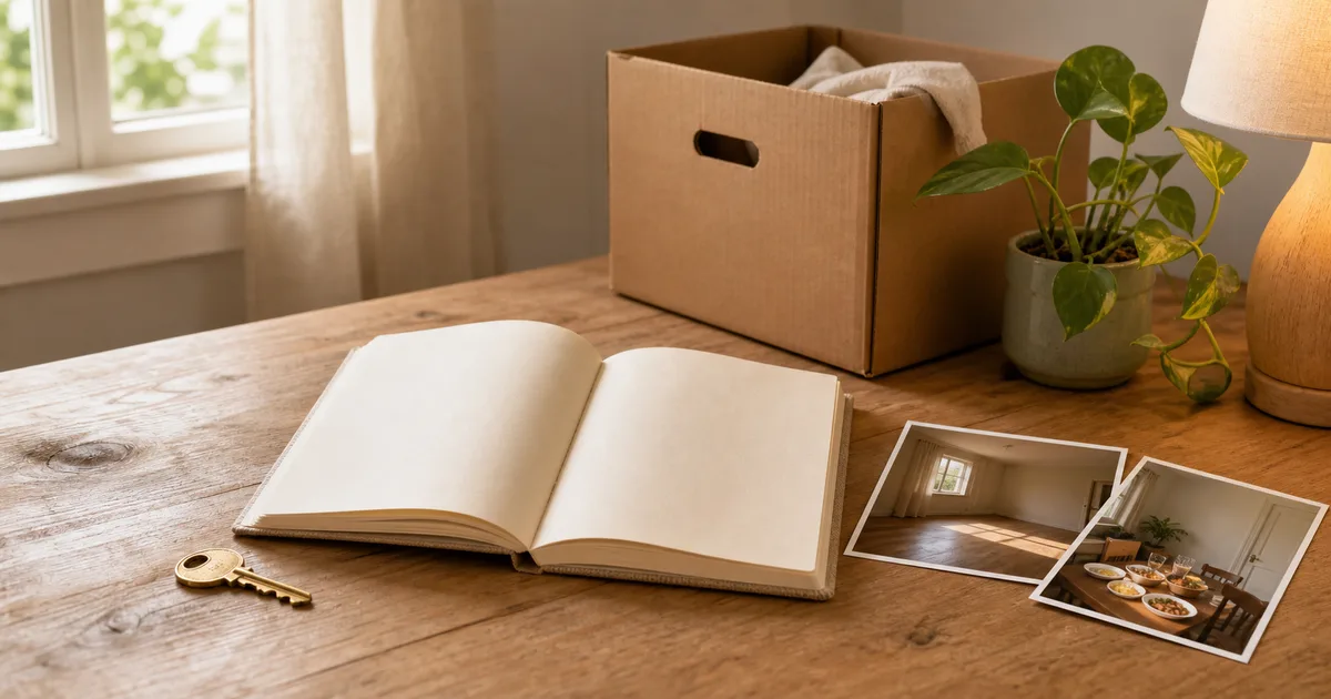 An open first-year home journal beside a key, moving box, houseplant, and photographs of an empty room and first meal