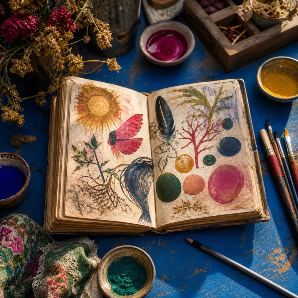 A colorful illustrated diary with original botanical, wing, root, and sun studies on a cobalt-blue studio table