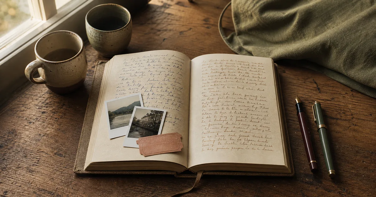 An open friendship journal beside two cups, two pens, and printed photographs on a warm wooden table