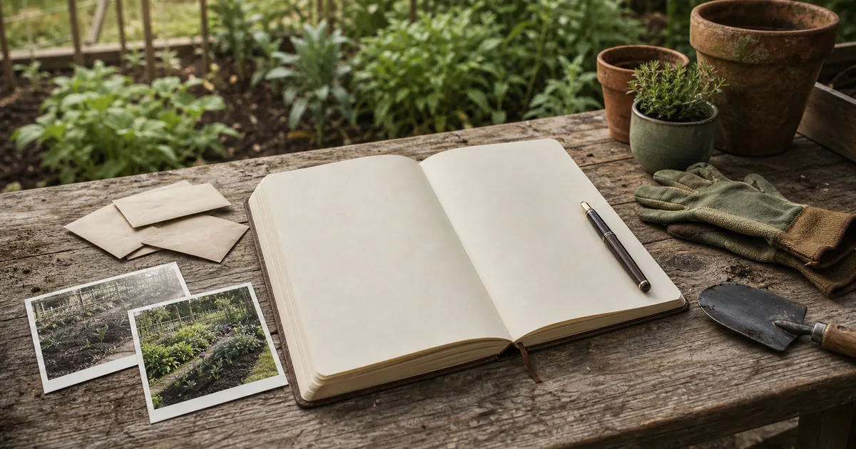 An open garden journal beside a trowel, gloves, seed envelopes, and photographs of a garden changing through the season