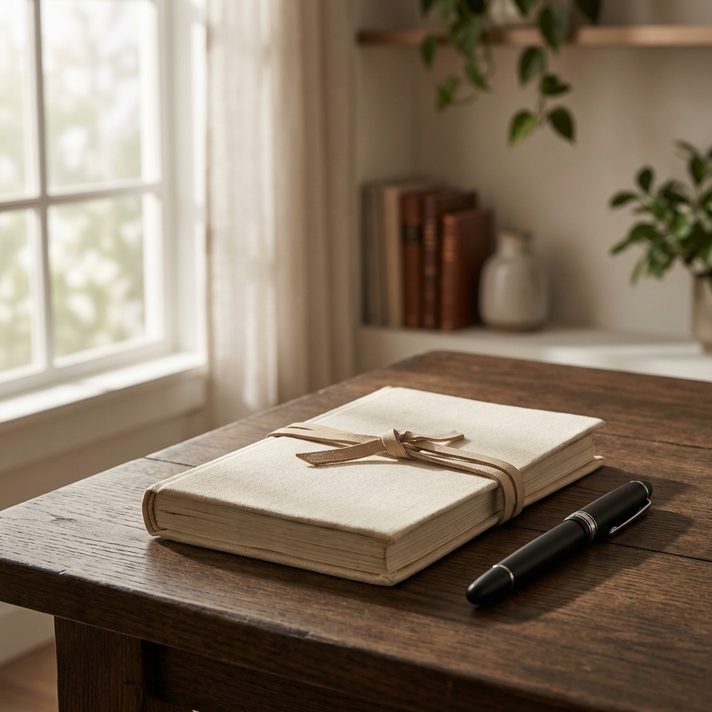 A quiet journal open beside a lamp with space for a short later note
