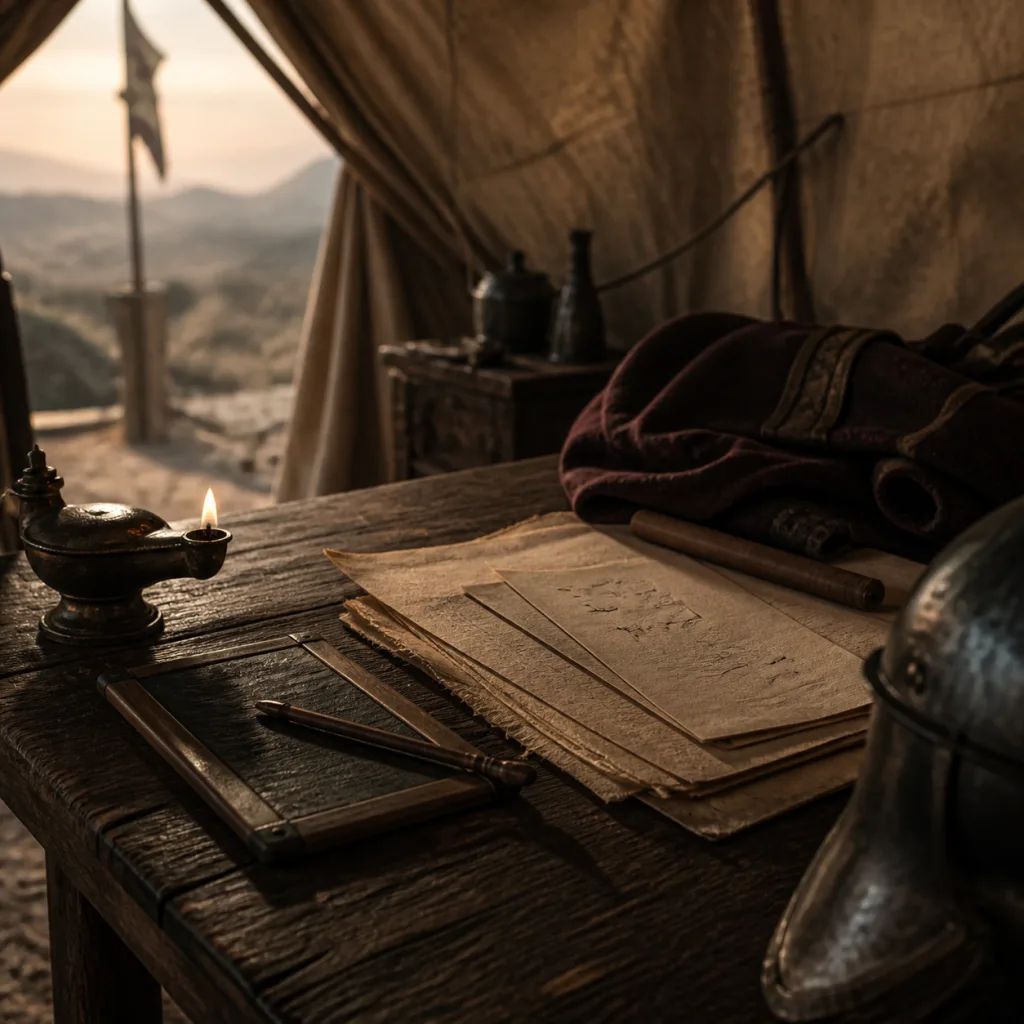 A quiet Roman campaign writing table with private notes, a wax tablet, an oil lamp, and weathered armor