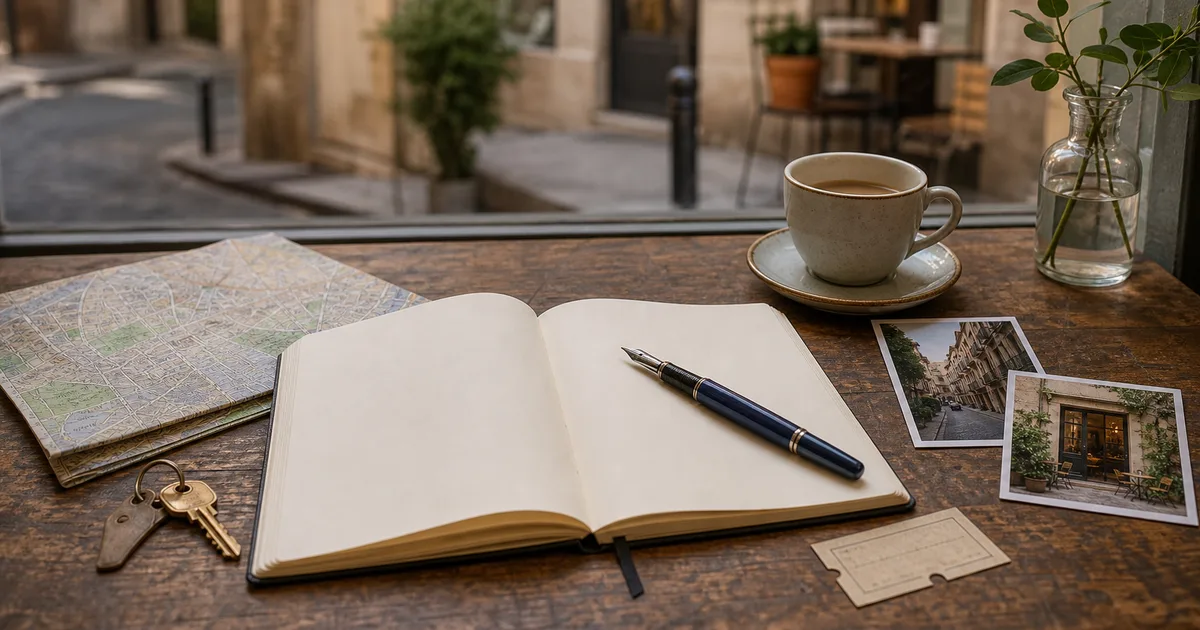 An open new city journal in a cafe beside an unlabeled map, keys, ticket, and photographs of a street and local cafe