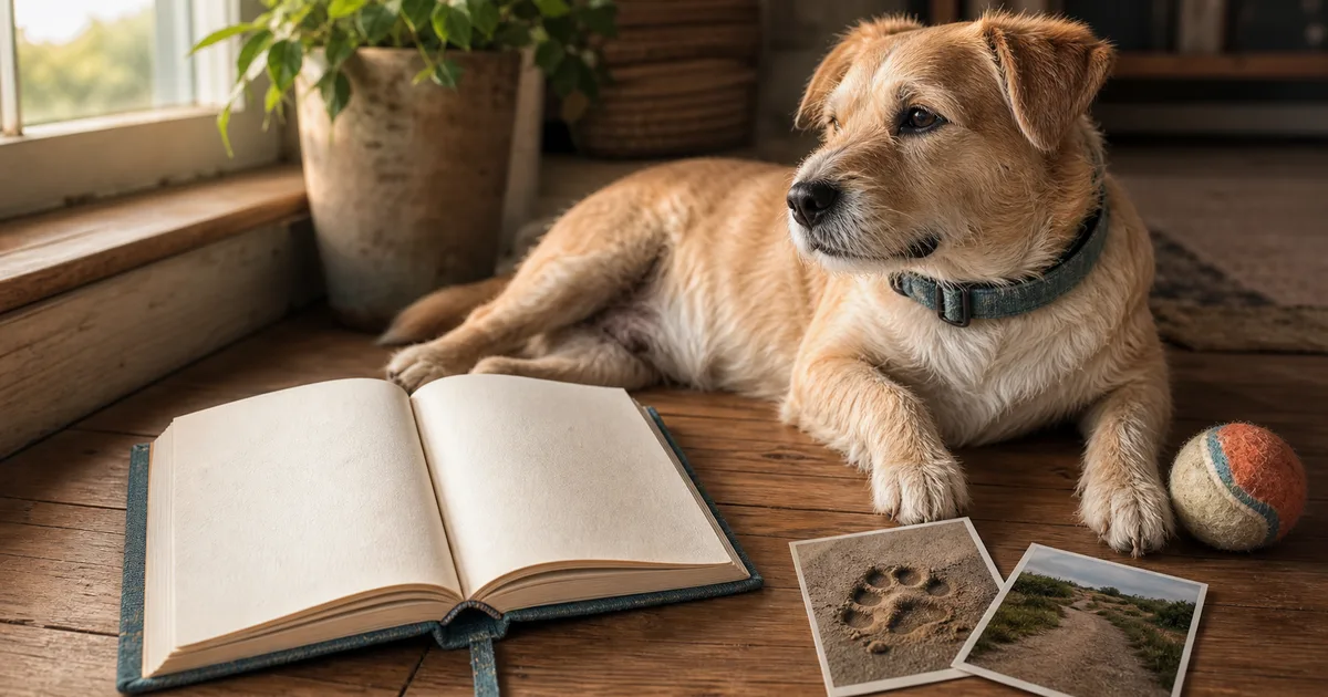 A relaxed dog beside an open pet life journal, a favorite ball, and photographs from everyday walks