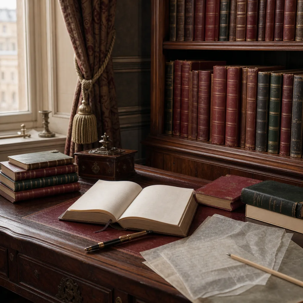 A Victorian archive of burgundy and green journal volumes with an open diary and translucent editing sheets