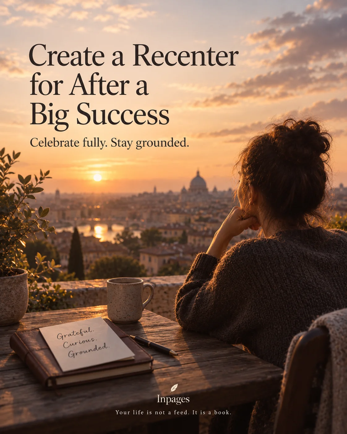 A person reflecting after success with a grateful, curious, grounded note
