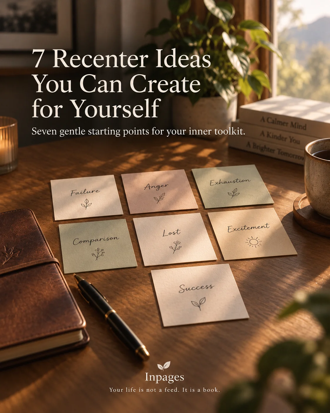 Seven notes for different Recenter ideas laid out on a desk