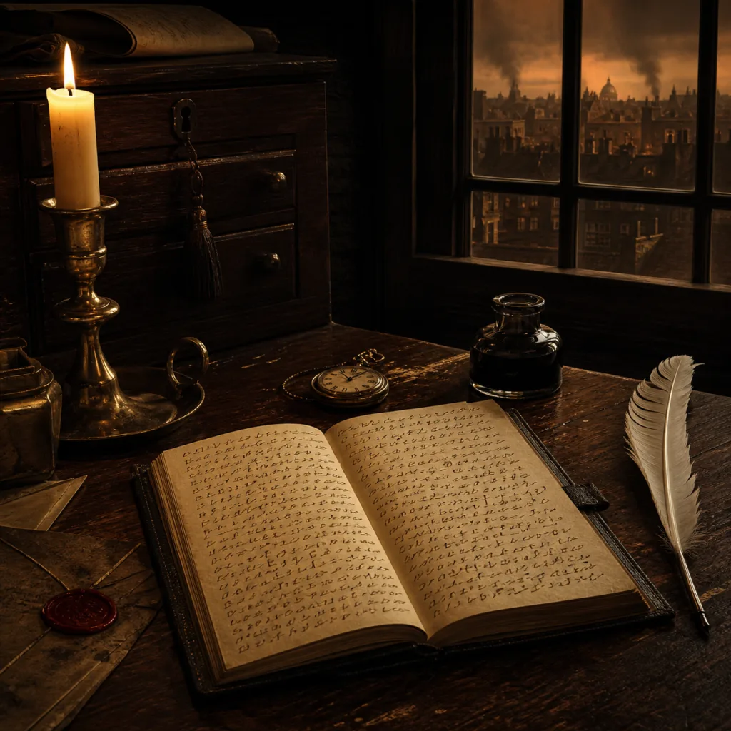 A candlelit Restoration-era desk with an unreadable shorthand diary and old London visible through the window