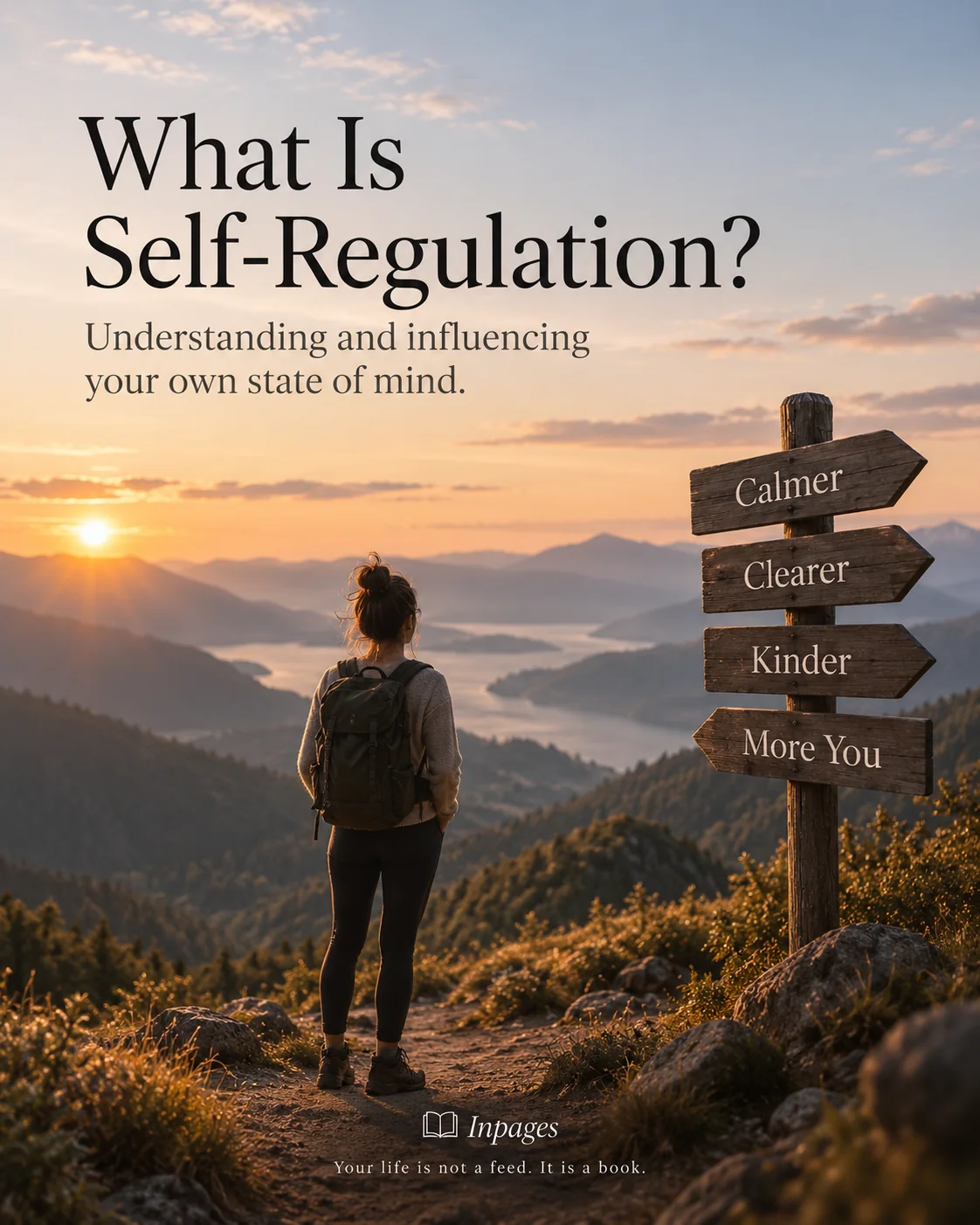 A person looking across mountains at signposts for a calmer, clearer next step
