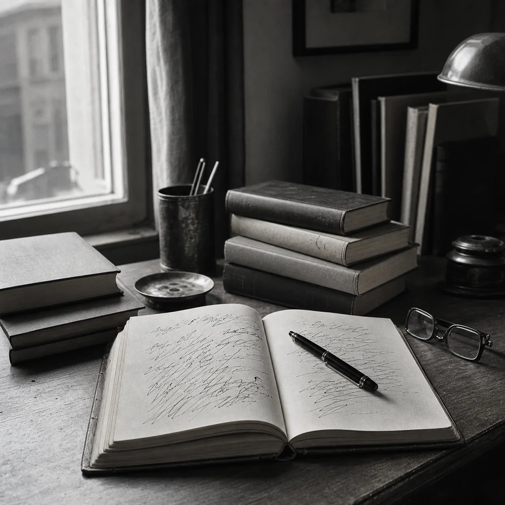 A nineteen-sixties intellectual desk with stacked books, an open notebook, fountain pen, and monochrome cinematic light