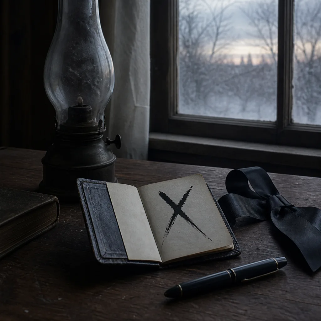 A dark pocket diary marked with a single black cross beside an extinguished lamp and mourning ribbon