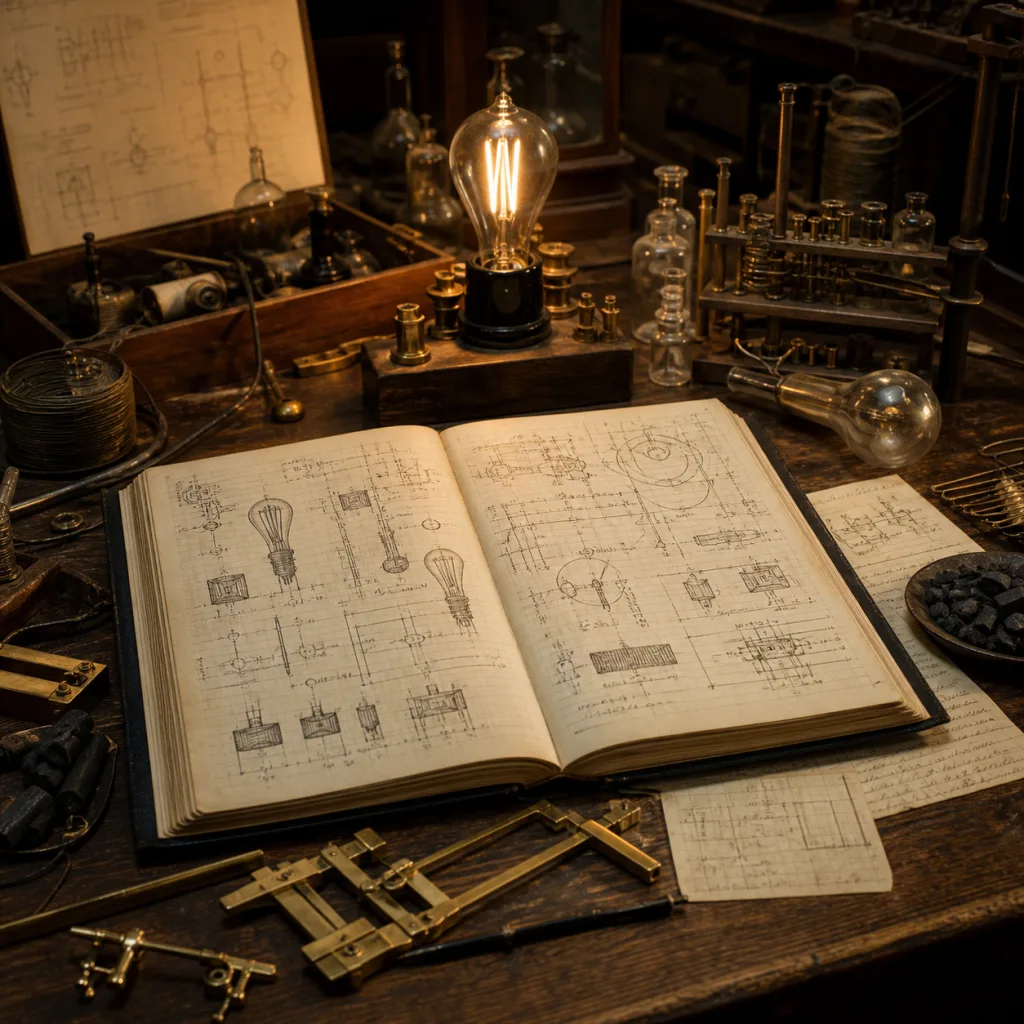 A Menlo Park-inspired laboratory notebook surrounded by brass instruments, wire coils, glassware, and a glowing bulb