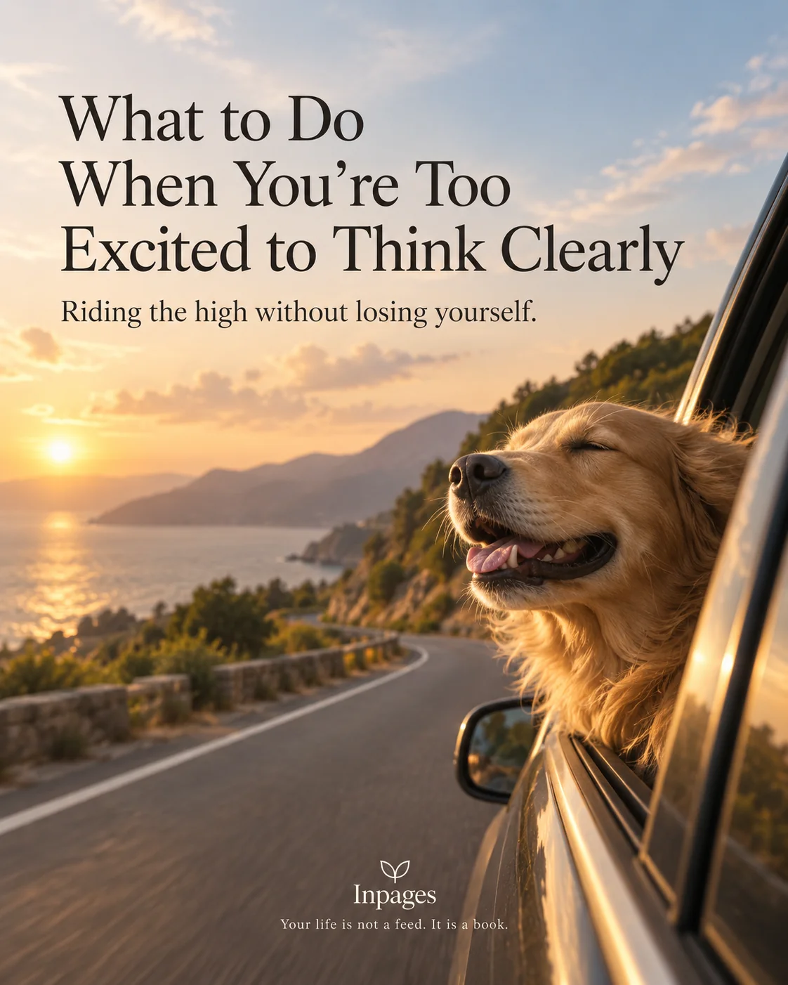 A happy dog leaning out of a car on a coastal road at sunset