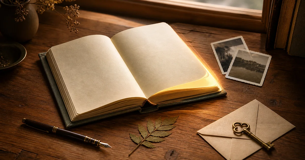 An open blank journal beside photographs, a fountain pen, a pressed leaf, and a brass key on a warm wooden desk