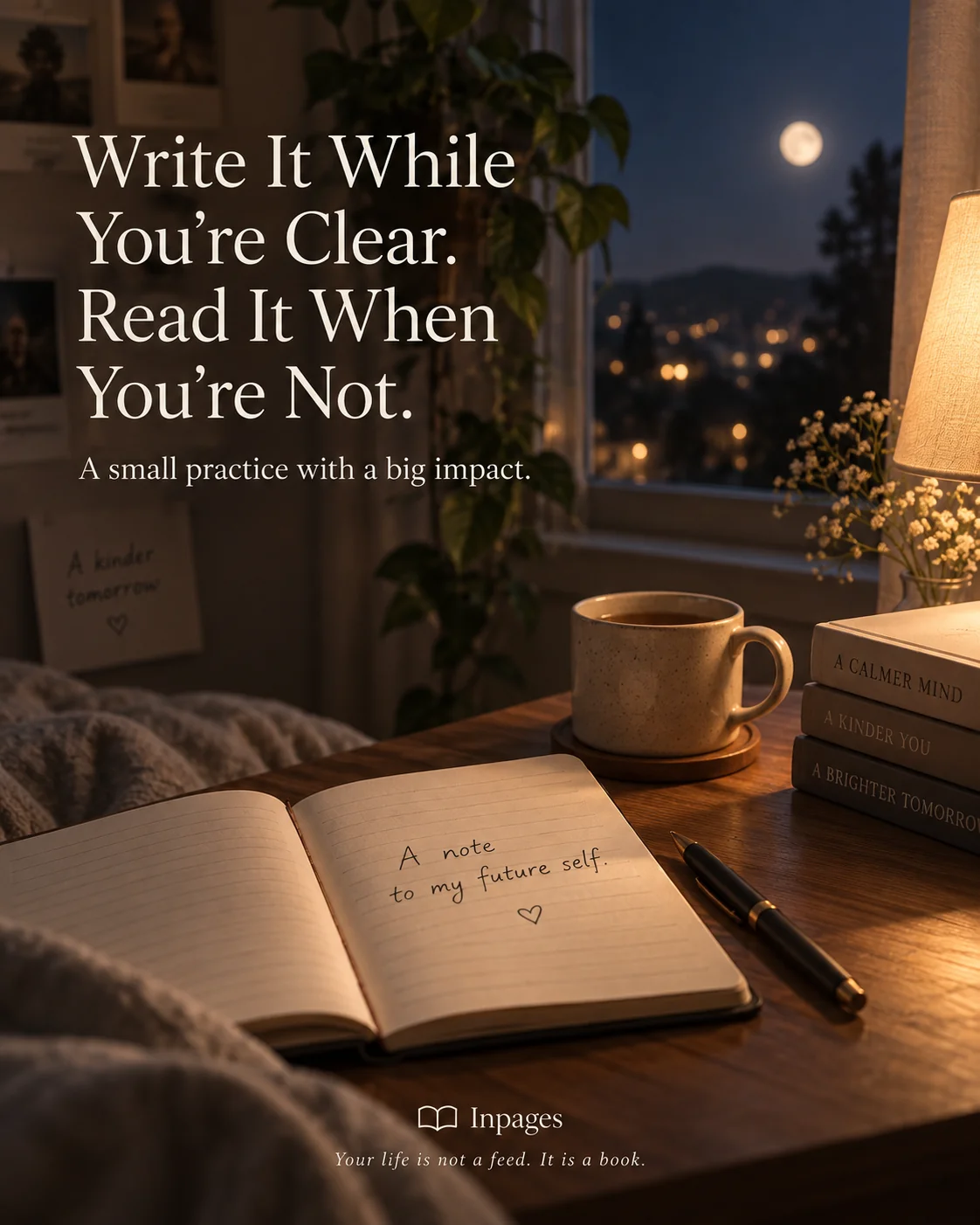An open journal with a note to a future self on a quiet evening